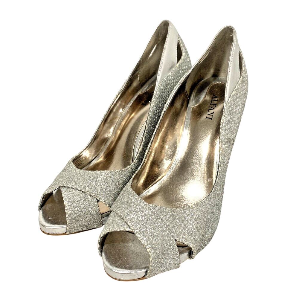 Alfani Lyrra Dressy Silver Pumps US size 5.5 Open Toe Glittery Metallic Finish